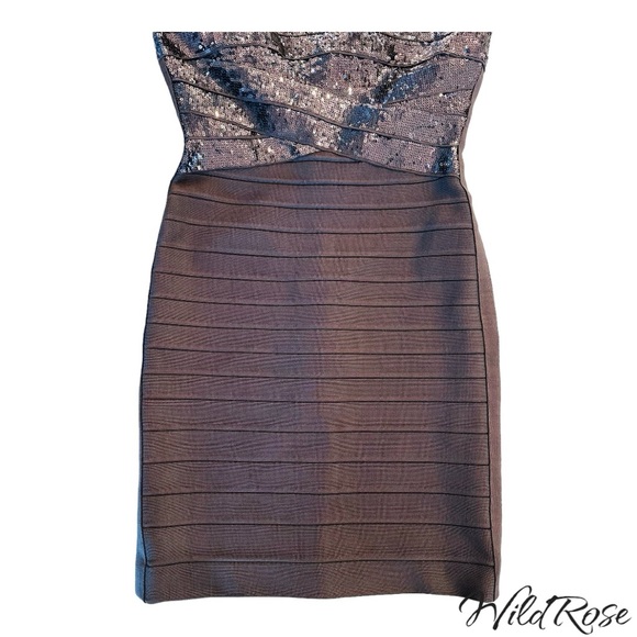 HERVE LEGER SHADOW (GRAY) SIMONE STRAPLESS SEQUINED BANDAGE DRESS SZ S - Picture 5 of 15